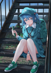 Rule 34 | 1girl, :t, backpack, bag, blue eyes, blue hair, blue hat, blue jacket, blue skirt, blue sky, breasts, cabbie hat, commentary request, cucumber, day, eating, food, green footwear, hair between eyes, hair bobbles, hair ornament, hat, holding, holding food, jacket, kawashiro nitori, key, knees up, lake, long sleeves, looking at viewer, miniskirt, no socks, outdoors, pocket, railing, roke (taikodon), shoes, short hair, sitting, skirt, skirt set, sky, small breasts, smile, sneakers, solo, stairs, thighs, touhou, two side up, water