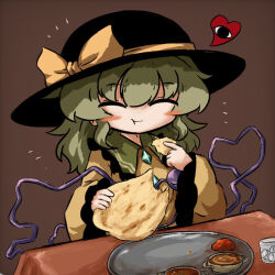 Rule 34 | 1girl, :t, black hat, blouse, blush, bow, brown background, buttons, chewing, closed eyes, closed mouth, diamond button, eating, eyeball, food, frilled shirt collar, frilled sleeves, frills, green hair, green skirt, hat, hat bow, hat ribbon, heart, heart of string, heripantomorrow, holding, holding food, komeiji koishi, long sleeves, medium hair, ribbon, shirt, sidelocks, simple background, sitting, skirt, smile, solo, table, third eye, touhou, wavy hair, wide sleeves, yellow bow, yellow ribbon, yellow shirt