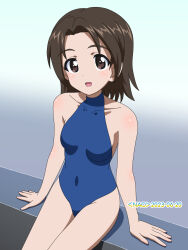 Rule 34 | 1girl, blue one-piece swimsuit, blush, breasts, brown eyes, brown hair, dated, girls und panzer, highres, naotosi, one-piece swimsuit, sawa azusa, short hair, signature, small breasts, solo, swimsuit