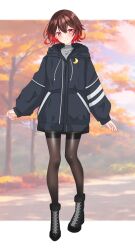 Rule 34 | 1girl, absurdres, alternate costume, autumn leaves, black footwear, black jacket, black pantyhose, boots, brown hair, crescent, crescent pin, cross-laced footwear, gradient hair, grey sweater, highres, hood, hooded jacket, jacket, kantai collection, lace-up boots, messy hair, multicolored hair, mutsuki (kancolle), nitamako (sakamalh), pantyhose, red hair, short hair, solo, sweater, tree