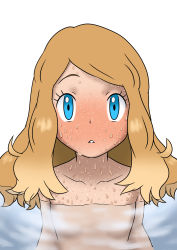 Rule 34 | 1girl, bath, bathing, blonde hair, blue eyes, collarbone, creatures (company), eyelashes, game freak, highres, hot, long hair, looking at viewer, nervous sweating, nintendo, nude, on tamago (chitei hito), parted lips, partially submerged, pokemon, pokemon (anime), pokemon xy (anime), serena (pokemon), simple background, sweat, upper body, very sweaty, water, wet, white background