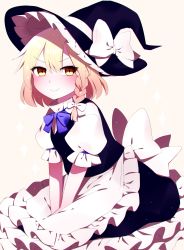 Rule 34 | 1girl, absurdres, apron, back bow, bad id, bad pixiv id, black dress, black hat, blonde hair, blouse, blush, bow, bowtie, braid, breasts, closed mouth, commentary request, dress, eyes visible through hair, frills, gradient hair, hair between eyes, hair bow, hat, hat bow, highres, kirisame marisa, looking to the side, medium breasts, multicolored hair, pink hair, puffy short sleeves, puffy sleeves, purple bow, purple bowtie, seiza, shirt, short hair, short sleeves, single braid, sitting, smile, solo, sparkle, sparkle background, star (symbol), touhou, v-shaped eyebrows, white apron, white bow, white shirt, witch hat, yellow background, yellow eyes, you (noanoamoemoe)