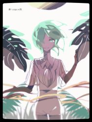 Rule 34 | 1other, alternate costume, androgynous, black border, border, golden arms, green eyes, green hair, hair over one eye, houseki no kuni, kawa (ricopin35), leaf, light smile, looking at viewer, necktie, phosphophyllite, plant, see-through, short hair, spoilers