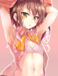 Rule 34 | 1girl, armpits, arms up, blush, bra, breasts, cleavage, long hair, looking at viewer, navel, open clothes, open shirt, original, outline, parted lips, pink background, pink shirt, porurin (do-desho), shirt, simple background, sleeveless, sleeveless shirt, small breasts, solo, stomach, underwear, undressing, upper body, white outline, yellow eyes
