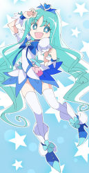 Rule 34 | 1girl, :d, aqua hair, blue eyes, blue hair, bright pupils, cure marine, heartcatch precure!, ixy, kurumi erika, long hair, looking at viewer, magical girl, open mouth, precure, skirt, smile, solo, star (symbol), starry background, thighhighs, very long hair, white pupils, white thighhighs