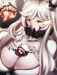 Rule 34 | 10s, 1girl, 8gou, abyssal ship, breasts, cleavage, escort fortress (kancolle), fingernails, glowing, glowing eyes, horns, kantai collection, large breasts, midway princess, nail polish, orange eyes, white hair