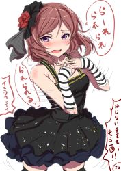 Rule 34 | 10s, 1girl, bare shoulders, black dress, blush, clearite, detached sleeves, dress, hair ornament, hat, highres, looking at viewer, love live!, love live! school idol festival, love live! school idol project, nishikino maki, open mouth, purple eyes, red hair, short hair, sleeveless, sleeveless dress, solo, striped, striped sleeves, translation request, wavy mouth