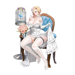 Rule 34 | 1girl, amy razor, bare shoulders, bird, blonde hair, bouquet, breasts, bridal lingerie, bridal veil, bride, cage, chair, cleavage, clothes lift, corset, dress, earrings, elbow gloves, female focus, flower, full body, game cg, garter straps, gloves, hair between eyes, high heels, highres, jewelry, large breasts, last origin, lingerie, looking at viewer, navel, necklace, official art, open clothes, open dress, pearl necklace, purple eyes, sitting, skirt, skirt hold, skirt lift, smile, solo, tachi-e, taesi, thighhighs, transparent background, underwear, veil, wedding dress, white footwear, white gloves, white thighhighs