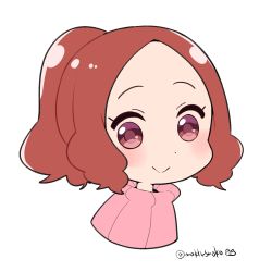 Rule 34 | 10s, 1girl, alternate hairstyle, blush, brown eyes, brown hair, commentary request, do m kaeru, okumura haru, persona, persona 5, pink sweater, ponytail, ribbed sweater, simple background, smile, solo, sweater, twitter username, upper body, white background