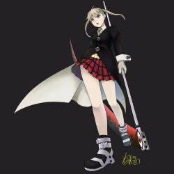 Rule 34 | 1girl, blonde hair, full body, gloves, green eyes, green necktie, highres, holding, holding scythe, legs, long hair, long sleeves, looking at viewer, maka albarn, mypace necosan, necktie, open mouth, plaid, plaid skirt, pleated skirt, scythe, simple background, skirt, solo, soul eater, striped necktie, twintails, white gloves