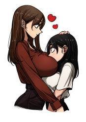 Rule 34 | 2girls, ass, bad id, bad pixiv id, black hair, blush, breasts, brown eyes, brown hair, earrings, heart, jewelry, large breasts, lily sia, looking at another, multiple girls, original, headpat, shirt tucked in, simple background, smile, white background