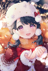 Rule 34 | 1girl, black hair, capelet, commentary request, fangs, fukumaru koito, hat, highres, idolmaster, idolmaster shiny colors, idolmaster shiny colors song for prism, jacket, long hair, looking at viewer, low twintails, mameyanagi, night, orange scarf, purple eyes, red jacket, scarf, skin fangs, snow, solo, swept bangs, twintails, upper body