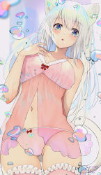 Rule 34 | 1girl, animal ear fluff, animal ears, babydoll, bare arms, bare shoulders, blue eyes, bow, bow panties, breasts, cat ears, cat girl, cat tail, chita (ketchup), frilled thighhighs, frills, hair between eyes, hand up, highres, long hair, looking at viewer, medium breasts, navel, original, panties, parted lips, pink panties, pink thighhighs, see-through, solo, tail, thighhighs, underwear, underwear only, very long hair, water drop, white hair