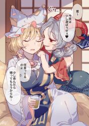 Rule 34 | 2girls, alcohol, blonde hair, breasts, cup, earrings, fox tail, glass, highres, holding, holding cup, horns, jewelry, large breasts, masanaga (tsukasa), multiple girls, multiple tails, pointy ears, red eyes, sharp teeth, speech bubble, tail, teeth, touhou, toutetsu yuuma, translation request, yakumo ran, yuri