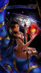 Rule 34 | 1girl, absurdres, armlet, artist request, ass, bad id, bad pixiv id, bare shoulders, black hair, crown, earrings, fate/grand order, fate (series), galaxy, hair ribbon, highres, hoop earrings, ishtar (fate), ishtar (fate), jewelry, long hair, looking at viewer, planet, red eyes, ribbon, single thighhigh, sitting, smile, solo, space, staff, thighhighs, thighs, tohsaka rin, twintails, two side up
