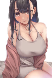 1girl black_hair blue_hair blush breasts brown_eyes camisole cleavage collarbone colored_inner_hair commentary_request dolphin_shorts funky45 grey_camisole grey_shorts hair_over_one_eye highres jacket large_breasts lips long_hair looking_at_viewer multicolored_hair original pink_jacket short_shorts shorts sidelocks simple_background sitting smile solo two-tone_hair white_background