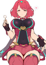 Rule 34 | 1girl, black gloves, blush, breasts, covered navel, fingerless gloves, gloves, hairband, haoni, heart, impossible clothes, lap pillow invitation, large breasts, legs together, looking at viewer, mimikaki, nintendo, orange eyes, pink hair, pink thighhighs, pyra (xenoblade), short hair, short shorts, shorts, simple background, sitting, smile, solo, spoken heart, thighhighs, thighs, xenoblade chronicles (series), xenoblade chronicles 2
