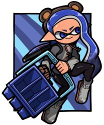 Rule 34 | 1girl, animal ear hairband, animal ears, bear ears, blue background, blue eyes, blue hair, border, brown hairband, closed mouth, commentary request, fake animal ears, full body, hairband, holding, holding weapon, ink tank (splatoon), inkling, inkling girl, inkling player character, long hair, name omoitukan2, nintendo, outside border, pointy ears, simple background, smile, solo, splatoon (series), splatoon 3, striped background, tentacle hair, tri-slosher (splatoon), weapon, white border