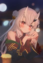 Rule 34 | 1girl, bare shoulders, bell, blurry, blurry background, blurry foreground, blush, double bun, grey hair, hair bell, hair between eyes, hair bun, hair ornament, highres, hololive, horns, long hair, long sleeves, looking at viewer, multicolored hair, nakiri ayame, nakiri ayame (1st costume), night, oni, red eyes, red hair, ryoya, smile, solo, streaked hair, upper body, virtual youtuber