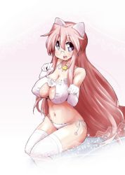 Rule 34 | animal ears, bad id, bad pixiv id, bell, bra, cat, cat cutout, cat ear panties, cat ears, cat lingerie, choker, cleavage cutout, clothing cutout, collar, elbow gloves, frilled bra, frills, glasses, gloves, jingle bell, looking at viewer, lucky star, meme attire, mizushima (p201112), navel, neck bell, panties, paw pose, pink hair, purple eyes, side-tie panties, solo, stomach, takara miyuki, thighhighs, underwear, underwear only, white bra
