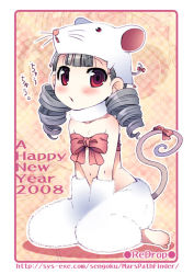 Rule 34 | 00s, 2008, animal costume, animal ears, bad id, bad pixiv id, barefoot, blush, drill hair, flat chest, kneeling, mouse costume, mouse ears, mouse tail, naked ribbon, new year, original, red eyes, redrop, ribbon, silver hair, solo, tail