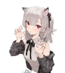 Rule 34 | 1girl, aiko (kanl), animal ears, bare shoulders, black jacket, bow, bowtie, breasts, cat ears, claw pose, closed mouth, collared shirt, cropped torso, grey hair, hair ornament, hands up, highres, jacket, kemonomimi mode, long hair, looking at viewer, off shoulder, one side up, open clothes, open jacket, original, red eyes, shirt, simple background, sleeveless, sleeveless shirt, small breasts, solo, sweatdrop, tana (aiko), white background, white shirt