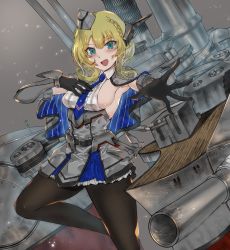 Rule 34 | 1girl, absurdres, black gloves, black pantyhose, blonde hair, blue necktie, braid, breasts, capelet, colorado (kancolle), commentary request, dress, elbow gloves, garrison cap, gloves, green eyes, grey capelet, grey dress, grey hat, hand on own chest, hat, headgear, highres, huge filesize, kantai collection, large breasts, looking at viewer, machinery, necktie, pantyhose, pleated dress, shirt, short hair, side braids, sideboob, sleeveless, solo, taki rentaro, white shirt