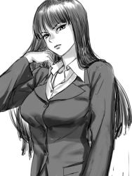 Rule 34 | 1girl, buttons, closed mouth, formal, girls und panzer, greyscale, hand up, jacket, lips, long hair, long sleeves, mature female, monochrome, nishizumi shiho, simple background, solo, straight hair, upper body, white background, yuccoshi