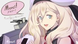 Rule 34 | 1girl, beret, blonde hair, blue eyes, blurry, depth of field, eating, food, french text, hair between eyes, hat, highres, kantai collection, long hair, looking at viewer, machinery, mole, mole under eye, mole under mouth, multicolored clothes, multicolored scarf, onigiri, richelieu (kancolle), scarf, shinmai (kyata), simple background, smile, solo, translated, twitter username, upper body, white background, white hat