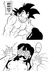 Rule 34 | ..., 1boy, 1girl, absurdres, breasts, chi-chi (dragon ball), coke-bottle glasses, comic, dragon ball, dragonball z, english text, fake facial hair, fake mustache, groucho glasses, funsexydb, glasses, hair down, hetero, highres, hime cut, husband and wife, large breasts, monochrome, muscular, muscular male, nipples, nude, raised eyebrow, son goku, spoken ellipsis, sweat