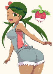 Rule 34 | 1girl, ;), apron, armpit peek, ass, bare shoulders, blush, bounsweet, breasts, creatures (company), dark-skinned female, dark skin, female focus, flower, flower on head, from behind, game freak, gen 7 pokemon, green eyes, green hair, hair flower, hair ornament, highres, looking at viewer, looking back, mallow (pokemon), medium breasts, nintendo, one eye closed, open mouth, overalls, pokemon, pokemon sm, ribbon, shiny skin, sleeveless, smile, solo, standing, tatsuyuki, thighs, twintails, white background, wink