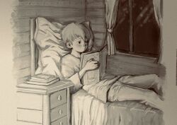 Rule 34 | 1boy, bedroom, book, casual, chest of drawers, chilchuck tims, curtains, dungeon meshi, feet out of frame, halfling, highres, holding, holding book, indoors, large ears, long sleeves, looking ahead, m1r1 0731, male focus, on bed, open book, pants, reading, short hair, sitting, solo, traditional media, window, wooden wall