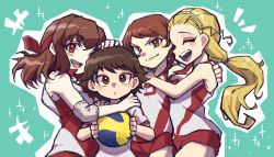 Rule 34 | 4girls, absurdres, aqua background, ball, blonde hair, brown eyes, brown hair, closed eyes, commentary, elbow pads, girls und panzer, gym shirt, gym uniform, hair pulled back, hairband, hand on another&#039;s head, headband, highres, holding, holding ball, hug, isobe noriko, kawanishi shinobu, kondou taeko, long hair, looking at viewer, medium hair, multiple girls, nakachiruno, notice lines, open mouth, outline, parted lips, ponytail, red headband, red shirt, sasaki akebi, shirt, short hair, short ponytail, short sleeves, sleeveless, sleeveless shirt, smile, smirk, sparkle, sportswear, standing, swept bangs, t-shirt, v-shaped eyebrows, volleyball, volleyball (object), volleyball uniform, white hairband, white outline, white shirt