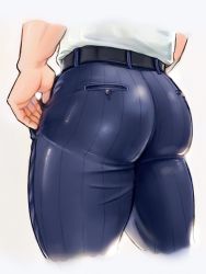 1boy ass ass_focus back_cutout bara belt blue_pants bolloxxxz clothing_cutout from_behind highres huge_ass male_focus original pants sample_watermark shirt shorts solo taut_clothes taut_pants thick_thighs thighs watermark white_background white_shorts