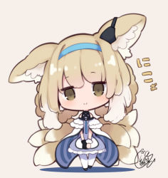 Rule 34 | 1girl, animal ears, arknights, beni shake, black footwear, black gloves, blonde hair, blue dress, blue hairband, chibi, colored tips, dress, earpiece, fox ears, fox girl, fox tail, full body, gloves, hairband, kitsune, kyuubi, light brown background, looking at viewer, multicolored hair, multiple tails, pantyhose, shadow, signature, simple background, single glove, single wrist cuff, smile, solo, split mouth, suzuran (arknights), tail, white hair, white pantyhose, white wristband, wrist cuffs, yellow eyes