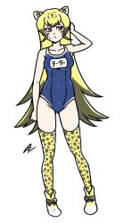 Rule 34 | 1girl, acesrulez, alternate costume, bare shoulders, blonde hair, blue one-piece swimsuit, blush, boots, brown hair, cheetah (kemono friends), cheetah ears, cheetah girl, cheetah print, cheetah tail, collarbone, commentary request, extra ears, kemono friends, long hair, multicolored hair, one-piece swimsuit, print thighhighs, school swimsuit, sleeveless, solo, sweatdrop, swimsuit, thighhighs, translation request, very long hair, white footwear, yellow eyes, zettai ryouiki