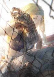 Rule 34 | 1girl, backlighting, bandana, baraba baba, blonde hair, blurry, chain-link fence, crop top, depth of field, eyelashes, fence, frown, fullmetal alchemist, highres, indian style, midriff, navel, one eye closed, prosthesis, prosthetic arm, sitting, solo, sunlight, winry rockbell