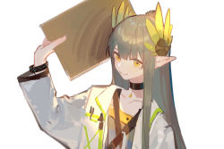 Rule 34 | 1girl, absurdres, arknights, blunt bangs, choker, clipboard, coat, collarbone, green hair, headdress, highres, infection monitor (arknights), iris yi, jewelry, long hair, looking at viewer, mole, mole under eye, muelsyse (arknights), necklace, open clothes, open coat, pointy ears, sleeves past wrists, solo, upper body, white coat, wide sleeves, yellow eyes
