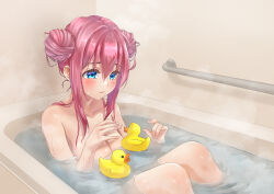 Rule 34 | 1girl, absurdres, bath, bathing, bathroom, bathtub, blue eyes, blush, bocchi the rock!, breasts, closed mouth, collarbone, completely nude, double bun, gotoh hitori, hair bun, hands up, highres, indoors, knees up, large breasts, looking at object, nude, partially submerged, pink hair, rainbow--chaser, rubber duck, sidelocks, sitting, solo, steam, water, wet, wet hair