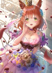 Rule 34 | 1girl, animal ears, aston machan (haute couture memory) (umamusume), aston machan (umamusume), blush, breasts, collarbone, commentary request, crown, dress, flower, flower wreath, green eyes, hair between eyes, hair flower, hair ornament, highres, horse ears, horse girl, horse tail, jewelry, lens flare, looking at viewer, medium breasts, medium hair, necklace, official alternate costume, petals, solo, tail, umamusume, wanderlucia, wedding dress, window