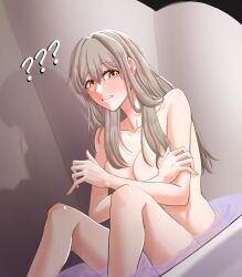 Rule 34 | 1girl, ?, ??, breasts, collarbone, commentary request, covering breasts, covering privates, feet out of frame, grey hair, highres, honkai: star rail, honkai (series), jangisa, knees up, long hair, looking at viewer, nude, shadow, sitting, small breasts, solo, stelle (honkai: star rail), thighs, trailblazer (honkai: star rail), yellow eyes