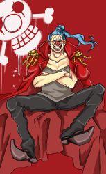 Rule 34 | 1boy, blue hair, buggy the clown, crossed arms, epaulettes, highres, jacket on shoulder, jolly roger, long hair, male focus, one piece, pirate, ponytail, smile, solo