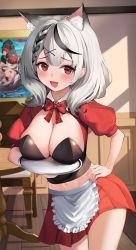 Rule 34 | :d, absurdres, animal ear fluff, animal ears, apron, bow, bowtie, breast rest, breasts, breasts on tray, cat ears, highres, hololive, large breasts, multicolored hair, open mouth, puffy short sleeves, puffy sleeves, red bow, red bowtie, red skirt, sakamata chloe, short sleeves, skirt, smile, solo, streaked hair, suiran (liquiddoes), virtual youtuber, white apron