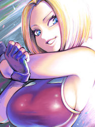 Rule 34 | 1girl, arms up, blonde hair, bloom, blue eyes, blue mary, bob cut, breasts, fatal fury, fingerless gloves, forehead, from below, from side, gloves, grin, highres, inverted bob, large breasts, light rays, lips, looking at viewer, parted bangs, parted hair, red shirt, shiny clothes, shirt, short hair, sideboob, sideways glance, skindentation, sleeveless, sleeveless shirt, smile, snk, solo, stretching, takumi watanuki, taut clothes, taut shirt, the king of fighters, third-party edit, tsurime, upper body