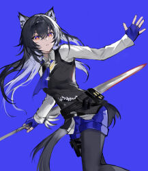 Rule 34 | 1girl, absurdres, animal ears, arknights, black hair, black pantyhose, black vest, blue background, blue eyes, blue gloves, blue necktie, blue shorts, collared shirt, commentary, cowboy shot, dutch angle, fingerless gloves, gloves, hair between eyes, highres, holding, holding sword, holding weapon, long hair, long sleeves, multicolored eyes, necktie, no cape, official alternate costume, pantyhose, pantyhose under shorts, parted lips, s 4ik4, shirt, shorts, simple background, solo, sword, tail, texas (arknights), texas the omertosa (arknights), thigh strap, vest, weapon, white shirt, wolf ears, wolf girl, wolf tail, yellow eyes