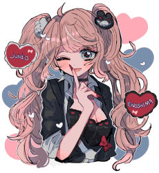 Rule 34 | 1girl, ;p, ahoge, bad id, bad pixiv id, bear hair ornament, black bra, black choker, blonde hair, blue eyes, bow, bra, breasts, choker, cleavage, cropped torso, danganronpa: trigger happy havoc, danganronpa (series), enoshima junko, fingernails, hair ornament, heart, highres, kara aren, long fingernails, long hair, nail polish, necktie, one eye closed, red bow, red nails, sleeves rolled up, smile, solo, tongue, tongue out, twintails, underwear, upper body, white background, white necktie
