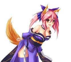 Rule 34 | 10s, 1girl, animal ears, blue thighhighs, bow, breasts, cleavage, collarbone, detached sleeves, fate/extra, fate (series), fox ears, fox tail, hair bow, hair ribbon, highres, japanese clothes, looking at viewer, muji (majunduo), pink hair, ribbon, simple background, solo, tail, tamamo no mae (fate/extra), thighhighs, white background, yellow eyes