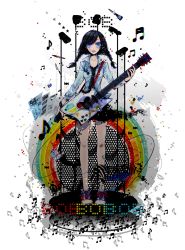 Rule 34 | 1girl, artist name, asymmetrical footwear, bad id, bad pixiv id, bandaid, bandaid on knee, bandaid on leg, beamed quavers, black hair, blue eyes, bobob, braid, chromatic aberration, dress shirt, eraser, full body, guitar, hair ornament, hairclip, heart, highres, instrument, lightning bolt symbol, microphone, microphone stand, mismatched footwear, multicolored nails, musical note, nail polish, nail polish bottle, necktie, open mouth, original, pen, popped collar, quaver, rainbow, red nails, scissors, sheet music, shirt, shoes, sneakers, solo, standing, star (symbol), stuffed animal, stuffed rabbit, stuffed toy, twin braids