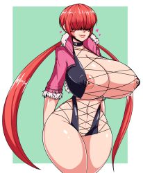Rule 34 | 1girl, barbell piercing, breasts, cleavage, cleavage cutout, clothing cutout, cropped jacket, earrings, hair over eyes, heart, huge breasts, jewelry, leotard, lipstick, long hair, makeup, miniskirt, nipple piercing, nipple slip, nipples, piercing, red hair, reiduran, shermie (kof), skirt, solo, the king of fighters, the king of fighters xv, twintails