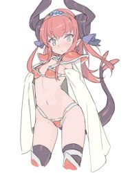 Rule 34 | 10s, 1girl, armor, armored boots, asymmetrical horns, bikini, bikini armor, black thighhighs, blade (galaxist), blue eyes, blue ribbon, boots, cape, choker, cowboy shot, curled horns, earrings, elizabeth bathory (brave) (fate), elizabeth bathory (fate), fate/extra, fate/extra ccc, fate/grand order, fate (series), flat chest, hair ribbon, horns, jewelry, knee boots, long hair, loose bikini, navel, oversized clothes, pauldrons, pink hair, pointy ears, red armor, red bikini, red footwear, ribbon, shoulder armor, solo, string bikini, swimsuit, tail, thighhighs, tiara, two side up, uneven horns, white cape